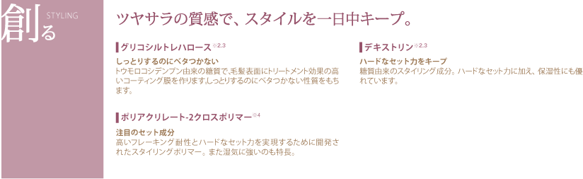 ツヤサラの質感で、スタイルを一日中キープ。