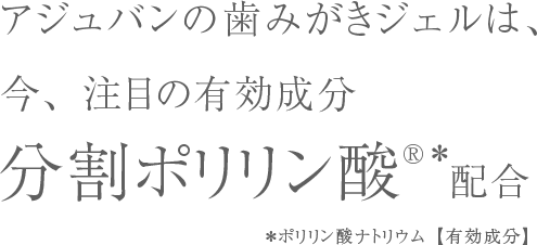 アジュバンの歯みがきジェルは、今、注目の有効成分分割ポリリン酸®️＊配合＊ポリリン酸ナトリウム【有効成分】