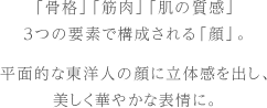 「骨格」「筋肉」「肌の質感」3つの要素で構成される「顔」。平面的な東洋人の顔に立体感を出し、美しく華やかな表情に。