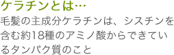 ケラチンとは…毛髪の主成分ケラチンは、シスチンを含む約18種のアミノ酸からできているタンパク質のこと